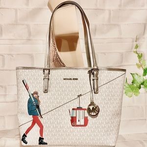 🌺MICHAEL KORS 🌺 GIRLS BRIGHT WHITE MULTI SIGNATURE LOGO MEDIUM CARRYALL TOTE